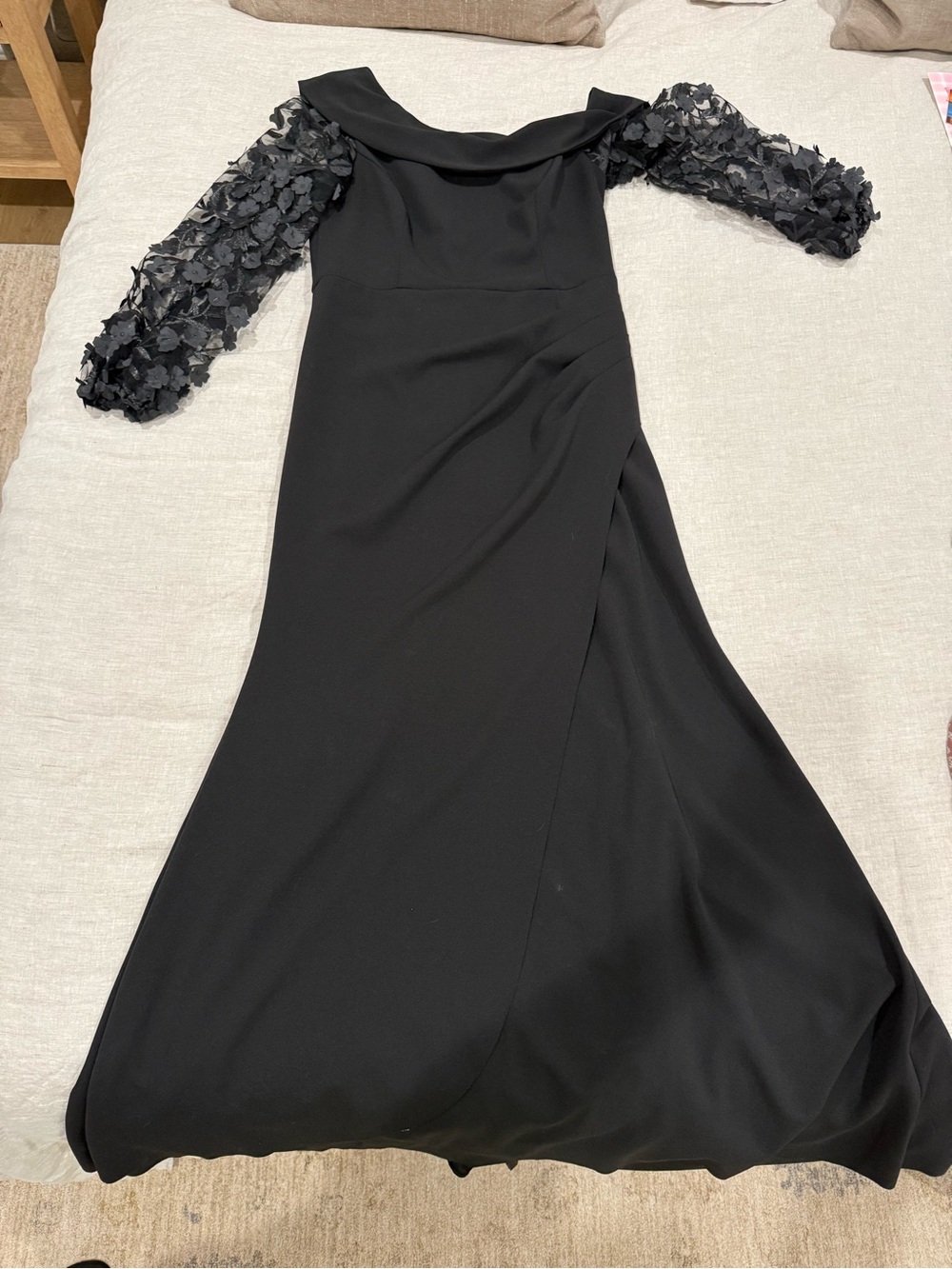 Xscape Black Off-Shoulder Maxi Dress with Floral Appliqué Sleeves